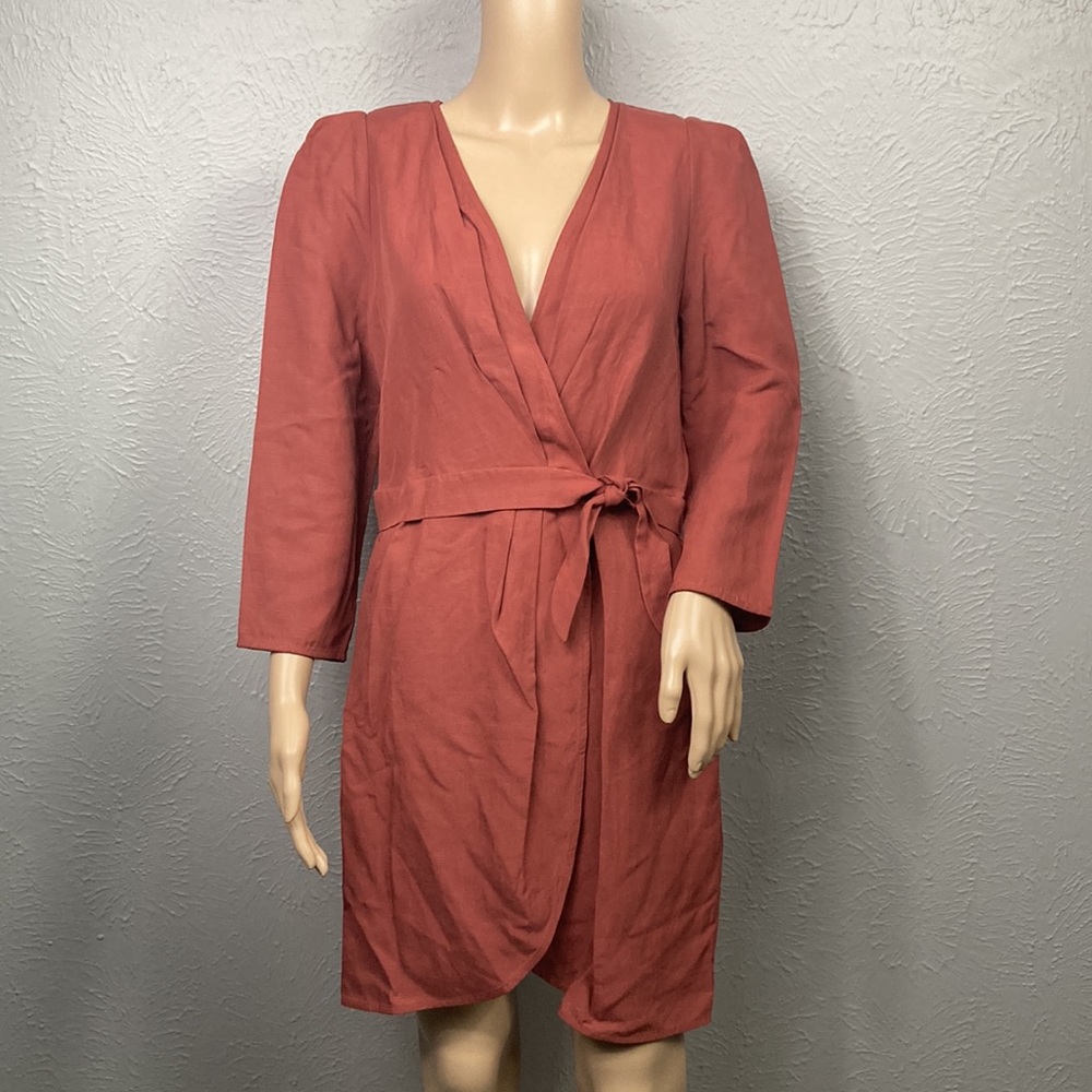 JUST Female Terracotta Rust Linen Blend Wrap Long Sleeve Dress Size XS
